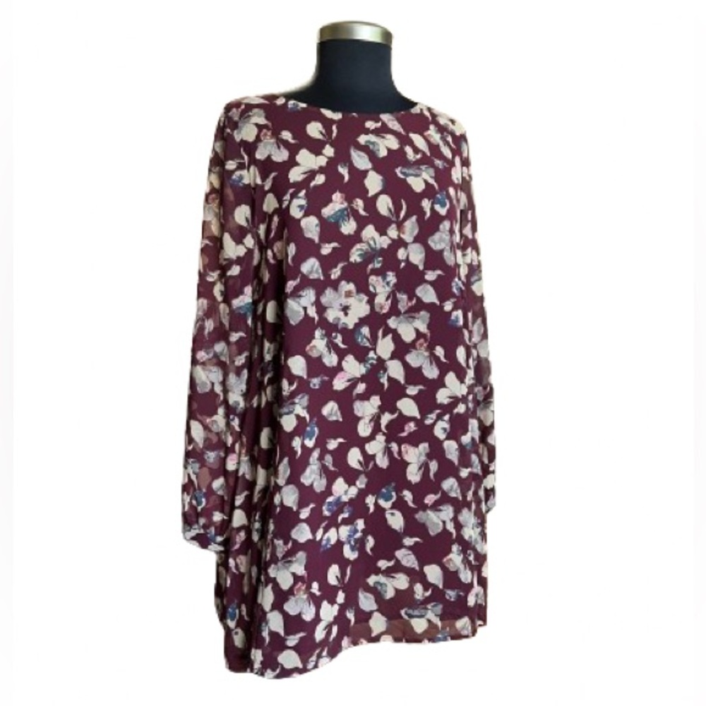 Astr Long Sleeve Wine Floral Shift Dress Size Medium